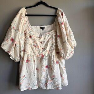 Torrid Womens Floral Puff Sleeve Ruffle Blouse Cream Pink Plus Size 3 43460356